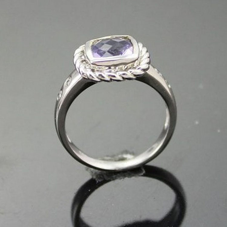 Women Jewelry 925 Silver 7mm Square Blue Cubic Zirconia Ring (JR061）
