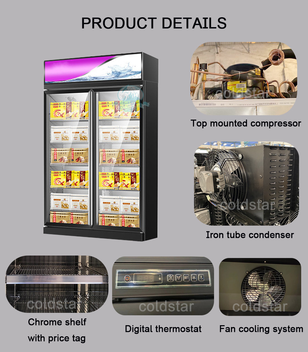 Commercial Refrigerated Glass Door Standing Freezer For Displaying Frozen Food Or Ice Cream