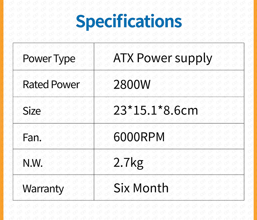 ATX 12V Asic Miner Power Supply 3000W Support 8 GPU Max 2800W