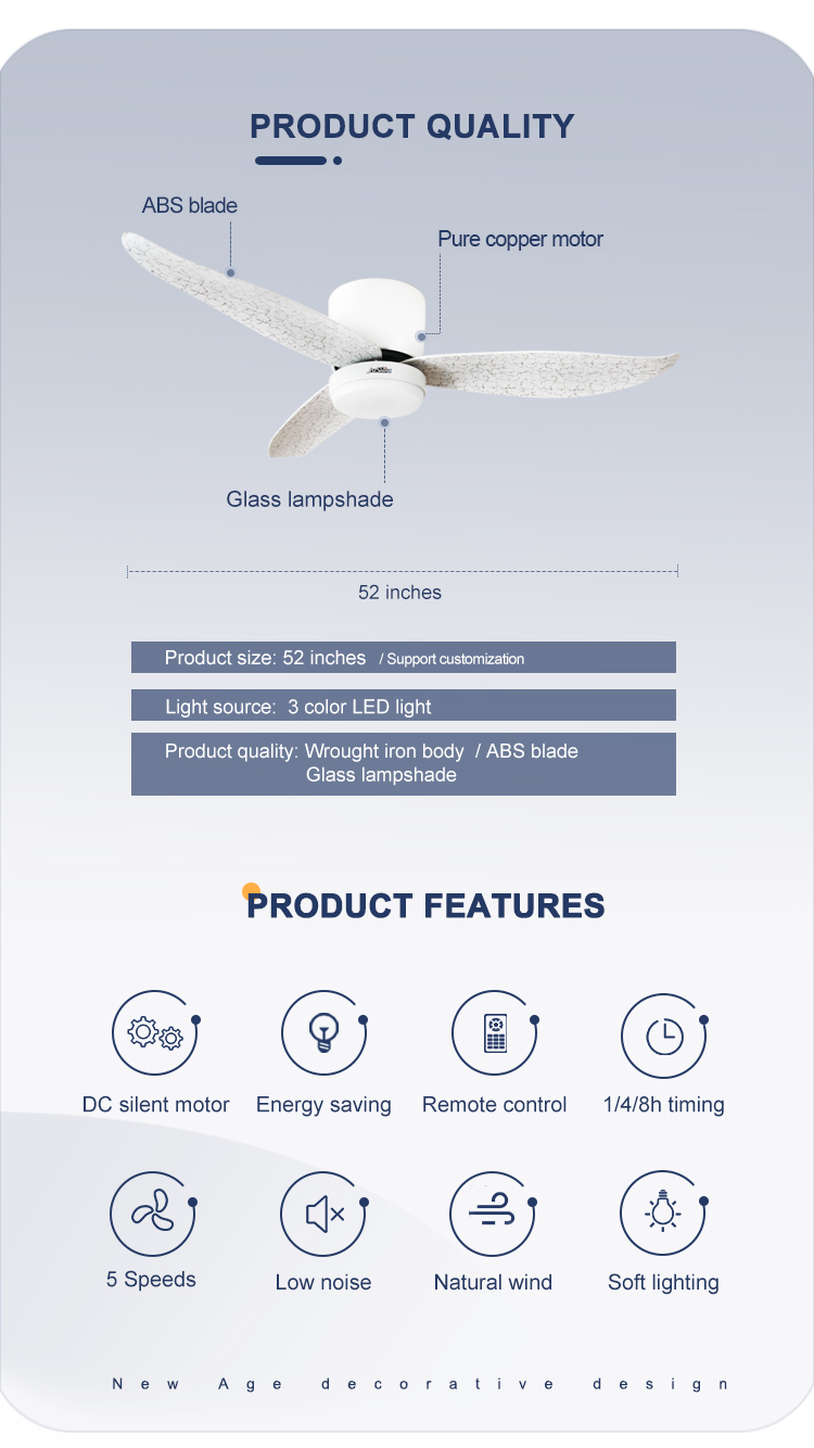 Low Ceiling 52 Inch LED Ceiling Fan with Smooth Operation and Flush Design