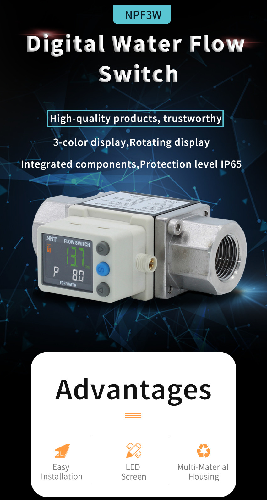 0.35-350L/min Digital Water Flow Meters , 80mA Liquid Level Sensor Float Switch