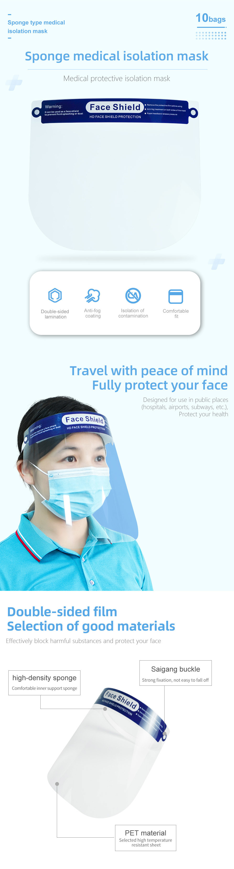OEM ODM Medical Protective Face Shield With Elastic Band And Sponge Headband