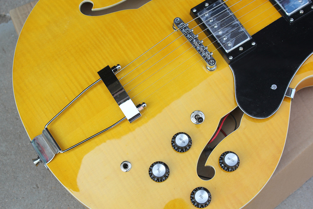 Custom Yellow Semi-hollow Body Electric Guitar with Flame Maple Veneer,Rosewood Fretboard