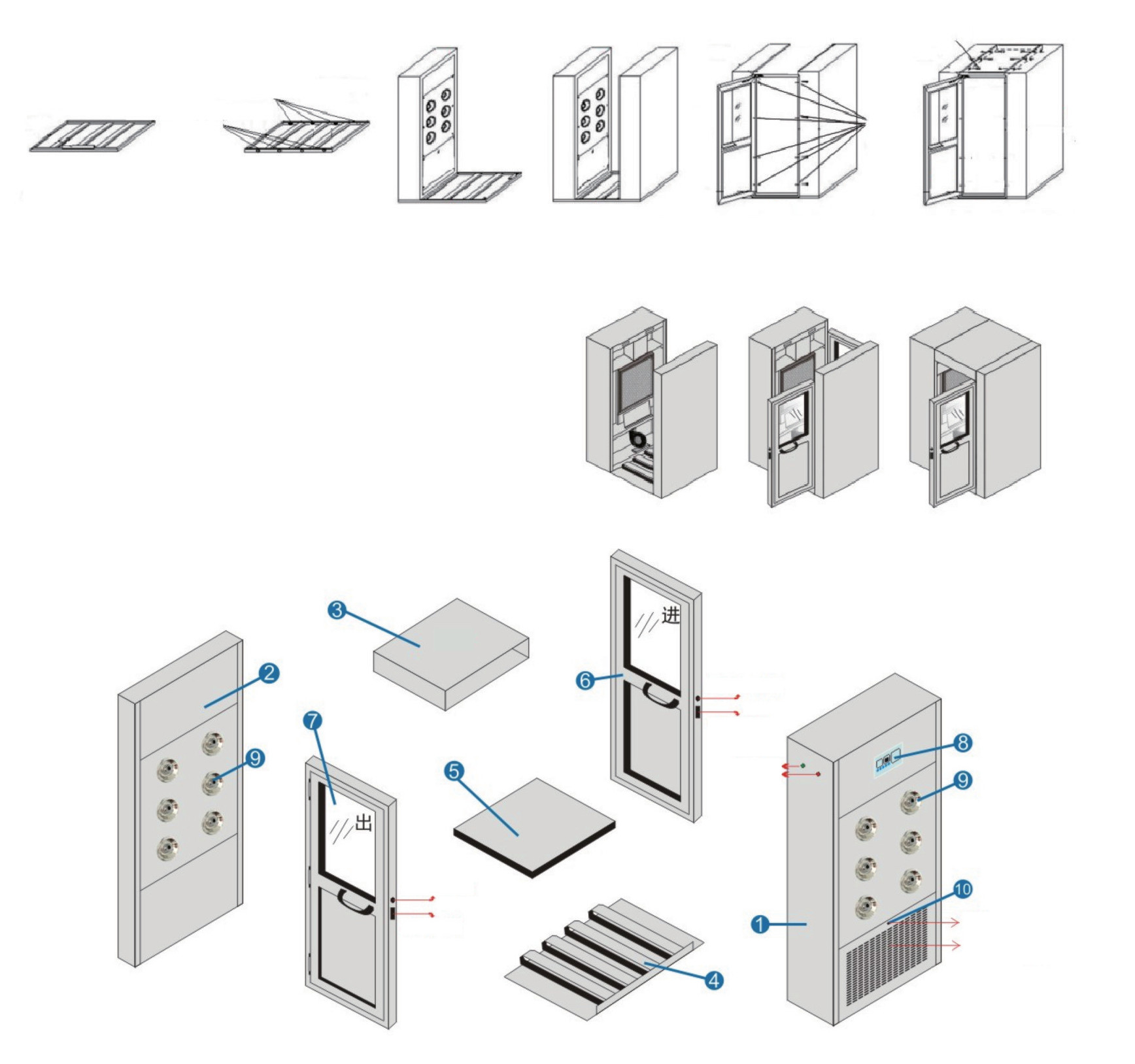 High Speed Efficiency 230V Six People Corner Air Shower Unit