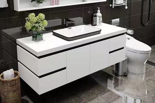 Rectangle White Matte Lacquer Paint Vanity with Soft Close Drawer and Quartz Stone Countertop
