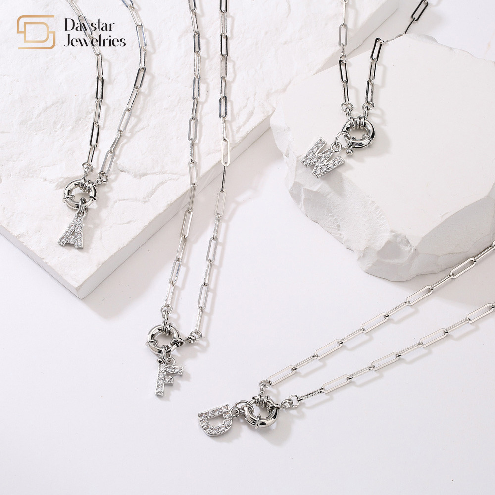 Gold Plated Diamond Initial Letter Pendant Necklace SS Paperclip Link Chain