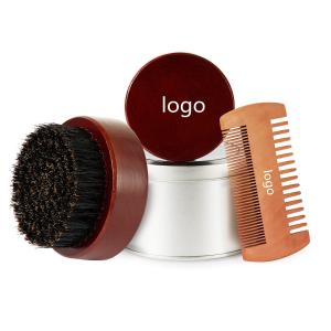 Quality Beechwood Brown Round Beard Brush Customize Logo Beard Comb Kit wholesale