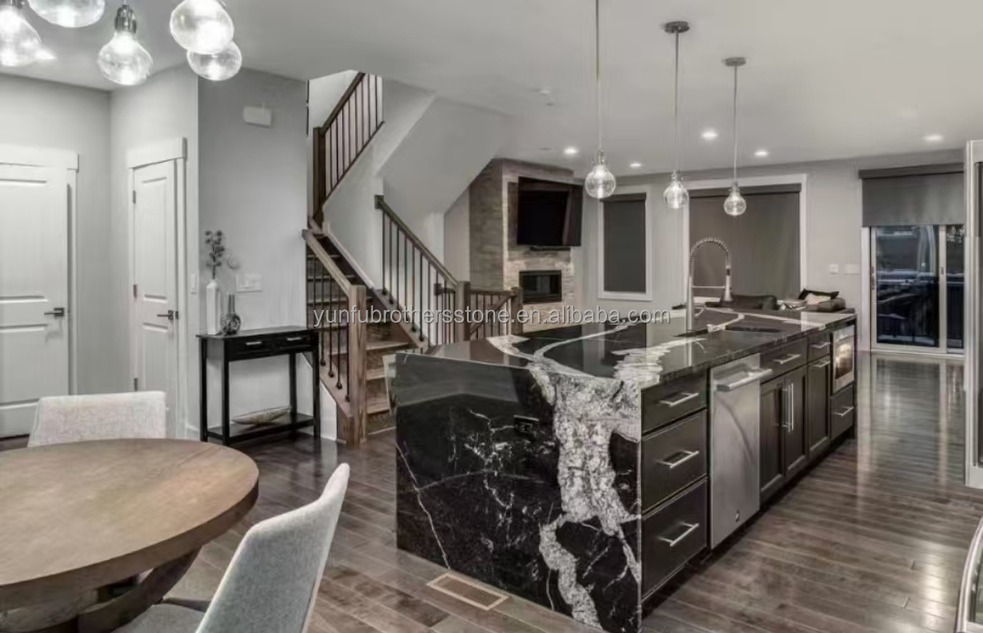 Modern Black Kitchen Countertop with Cabinets Stone Name Ink Impression Marble Big Slab