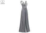 Back Bandage Grey A Line Dress / V Neck Long Silver Beaded Prom Dress Sleeveless