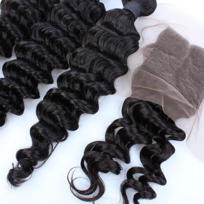 brazilian hair deep wave natural color virgin hair bundles with lace frontal closure