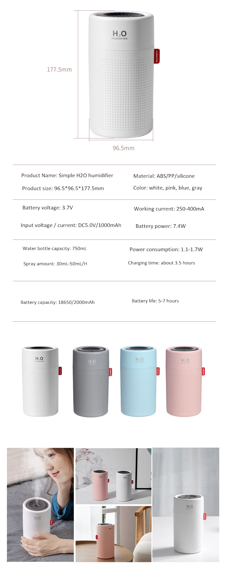 750ml Wireless USB Air Humidifier 2000mAh Battery Rechargeable Cool Mist Humidifier