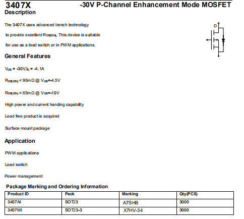 HXY3407 SOT23 Mosfet Power Transistor