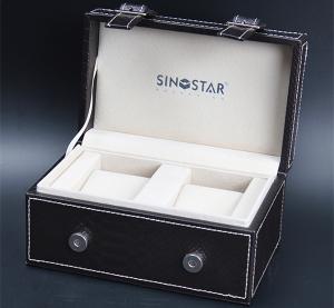 Quality Empty Double Watch Box Black Leather Elegant Style Wooden Watch Storage For Gift Packing wholesale