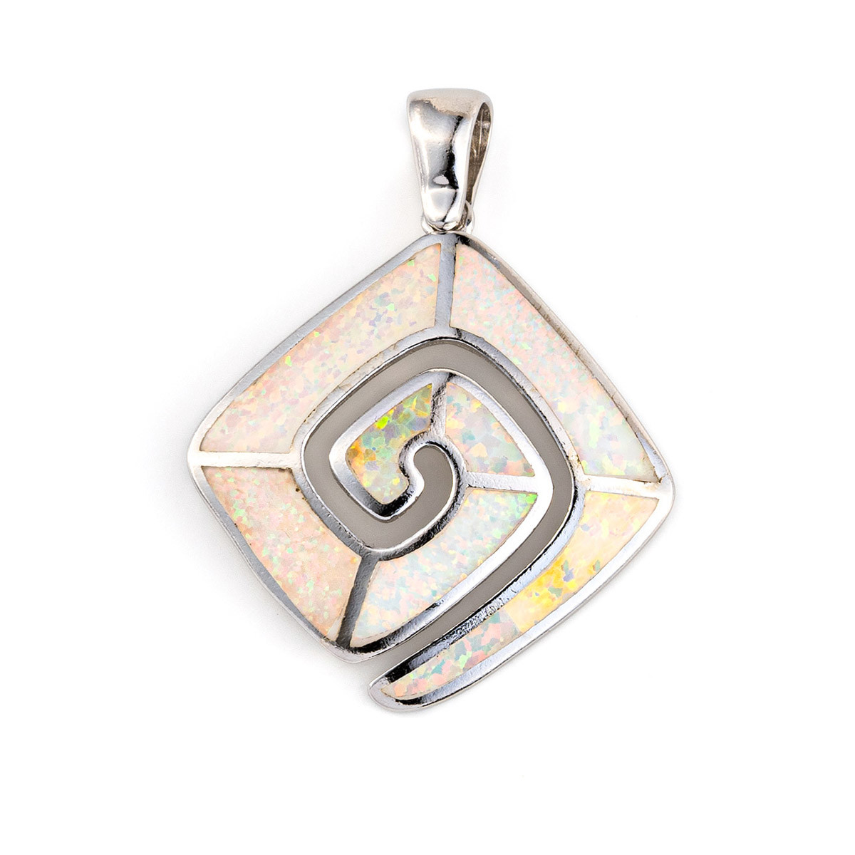 925 With Sterling Silver Greek Key Meander Spiral Opal Pendant Womens Created Rainbow Opal Cocktail Pendant