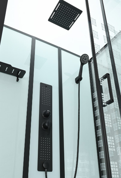 Luxrious Shower Room With Matt Black Profile And Printing Glass For Mordern
