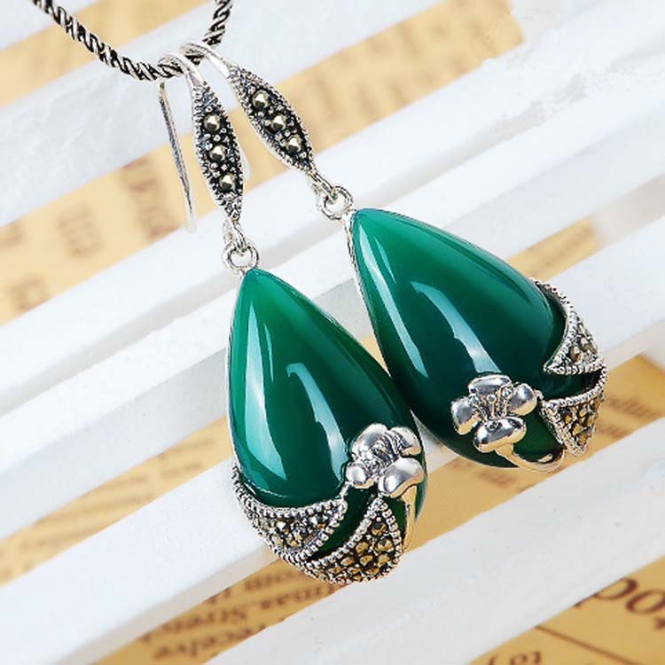 Sterling Silver Green Agate Dangle Earrings Thai Vintage Jewelry (E12037)