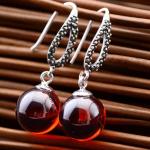 Thai Sterling Silver Marcasite Retro Earrings Synthetic Garnet Bead Drop Earring