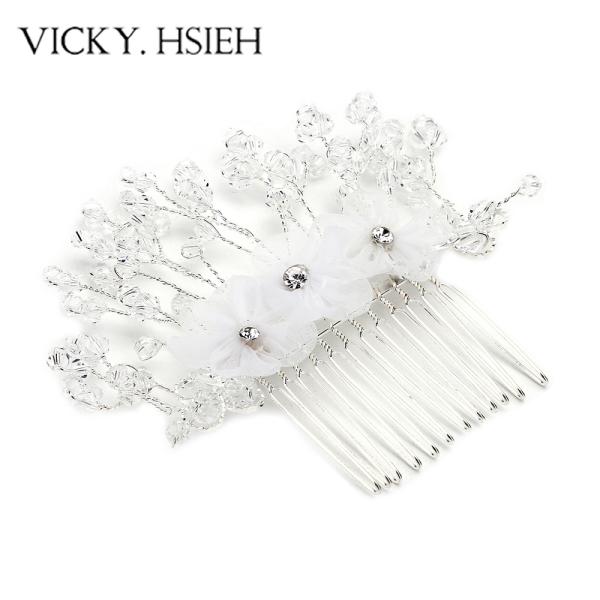 VICKY.HSIEH Silver Tone Floral Cluster Crystal Bead Combs Chinese Hair