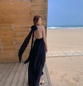 Quality Backless Tie 136cm Black Chiffon Beach Dress V Neck Halter Strap Split wholesale