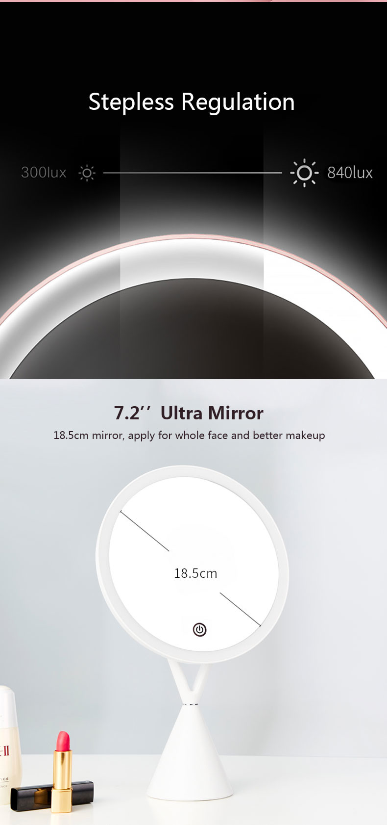 Handheld Dia. 18.5cm 4W 840 Lux LED Magnifying Mirror