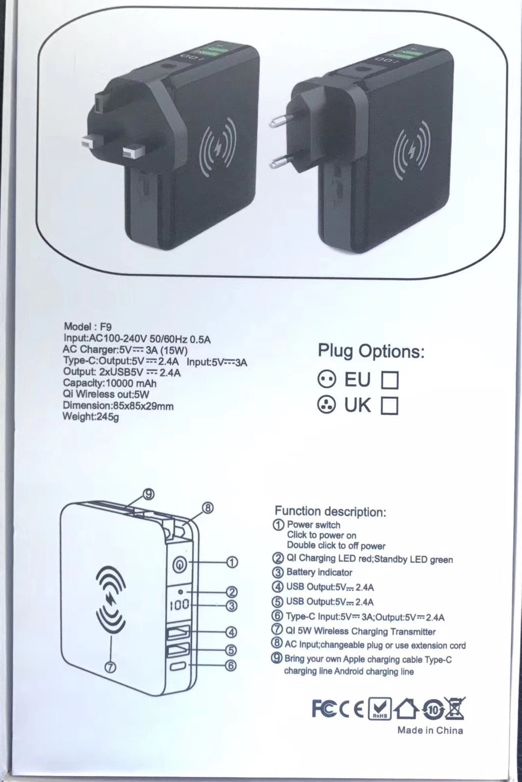 Polymer Battery 5W 5V2A 6700mah Wireless Power Bank