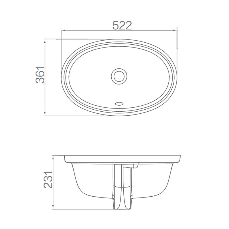 Porcelain Bathroom Basin Modern Under Counter 522x361x231mm