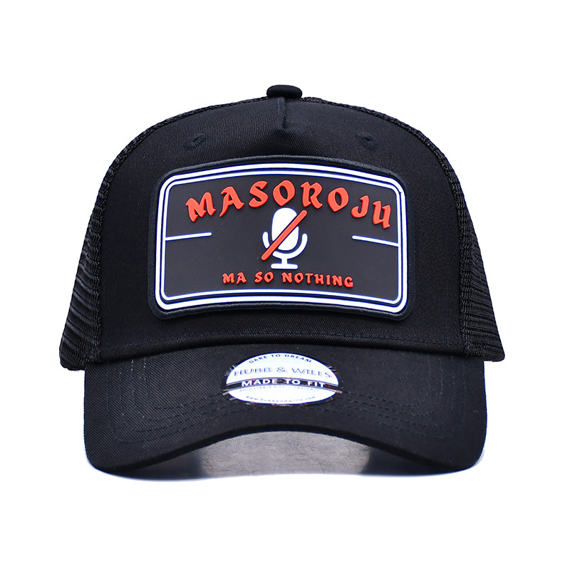Structured 5 Panel Trucker Cap Embroidered Debossed Metal Badge Eyelets