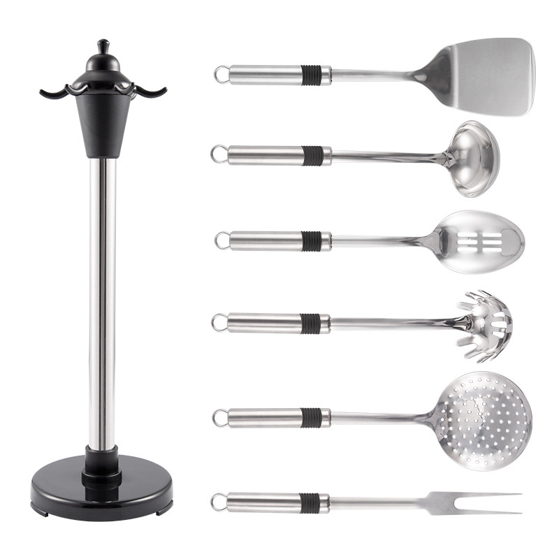 High grade Custom 6PCS set Kitchen tool with tray Stainless steel ladle turner fork spaghetti spoon for kitchen cook