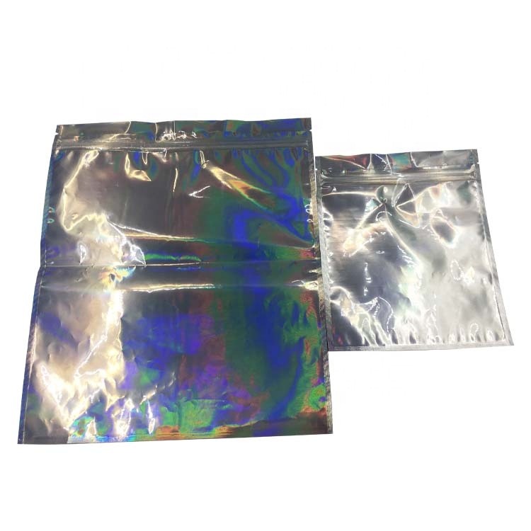 Holographic Compostable Aluminium Foil Three Side Seal Mylar Bag with Zipper and Window for Gifts or Cosmetics