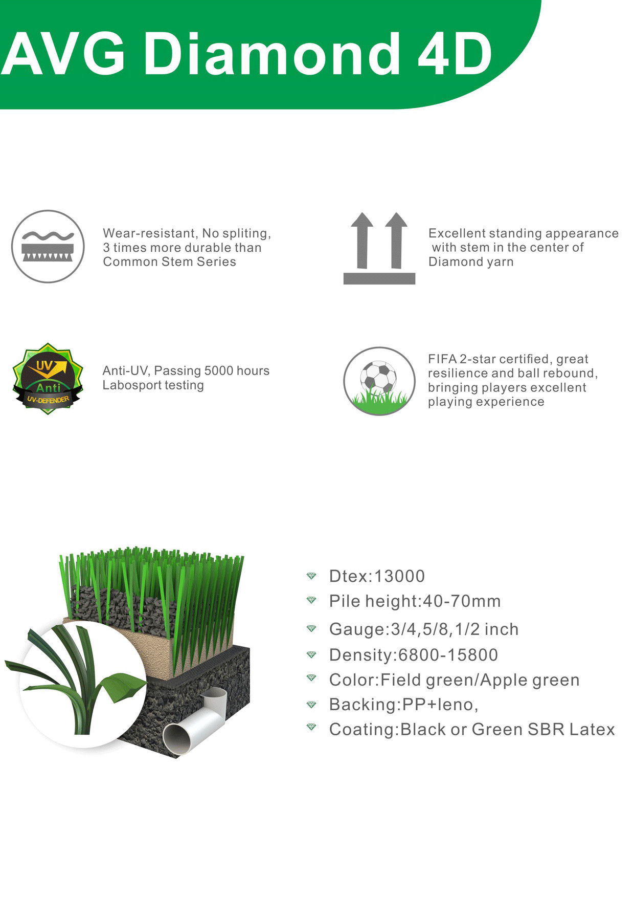 Unique Diamond Football Artificial Turf Olive Bi Color PE Composition
