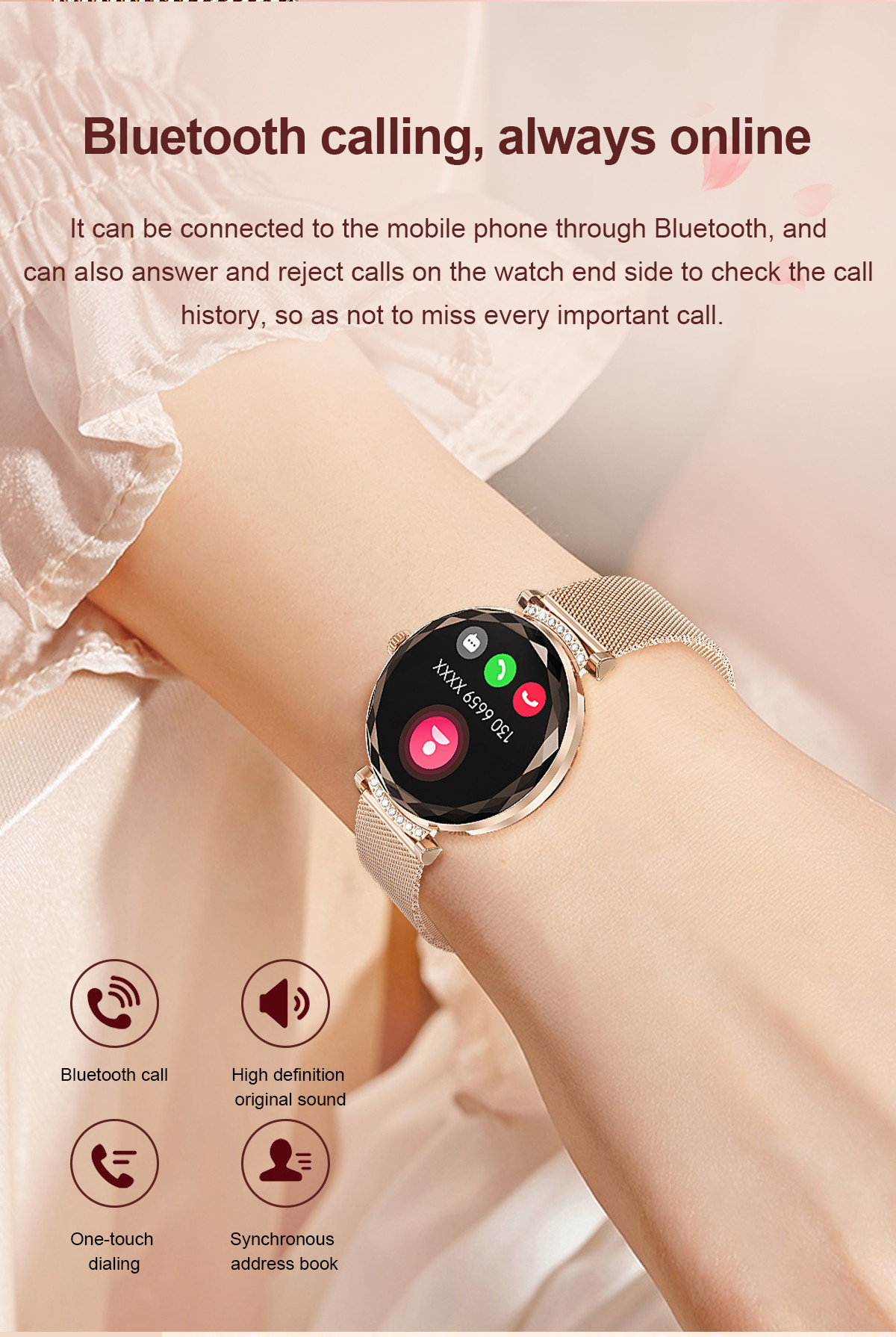 1.19" Women Amoled Display Smartwatch Bluetooth Calling For Android IOS Phones