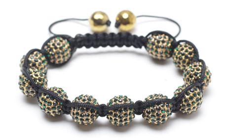 Shamballa Bracelet, Green Crystal Pave Golden Plated Alloy Beads