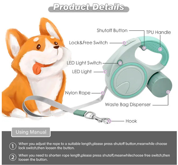 3 In 1 LED Dog Leash Nylon Traction Rope Retractable Dog Lead
