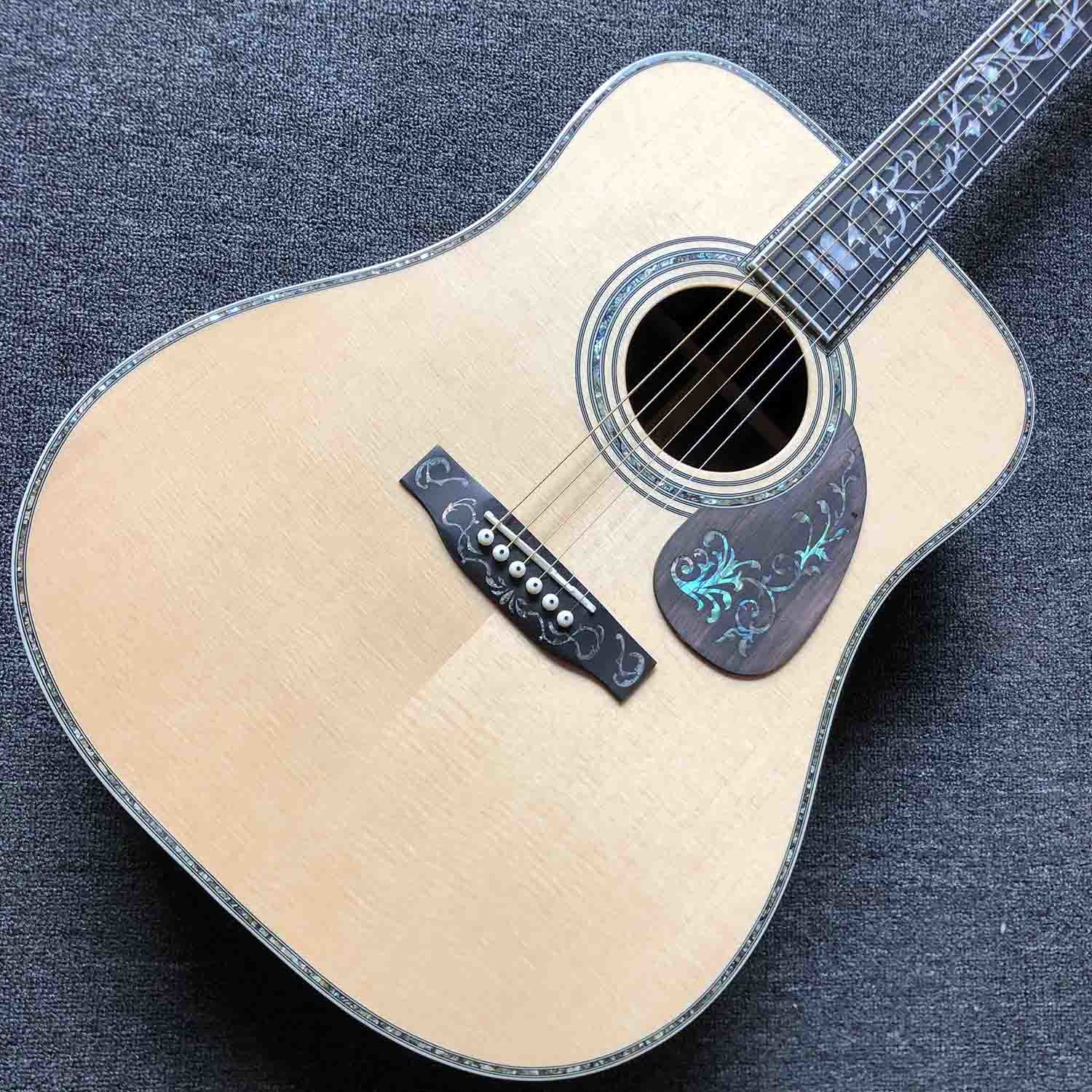 Custom Deluxe Real Abalone Binding Ebony Fingerboard Rosewood Back Side Solid Spruce Wood Acoustic Guitar