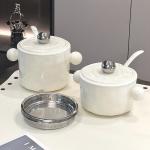 Stainless Steel Lid and Printed Features White Ceramic Noodle Bowl for Kitchen