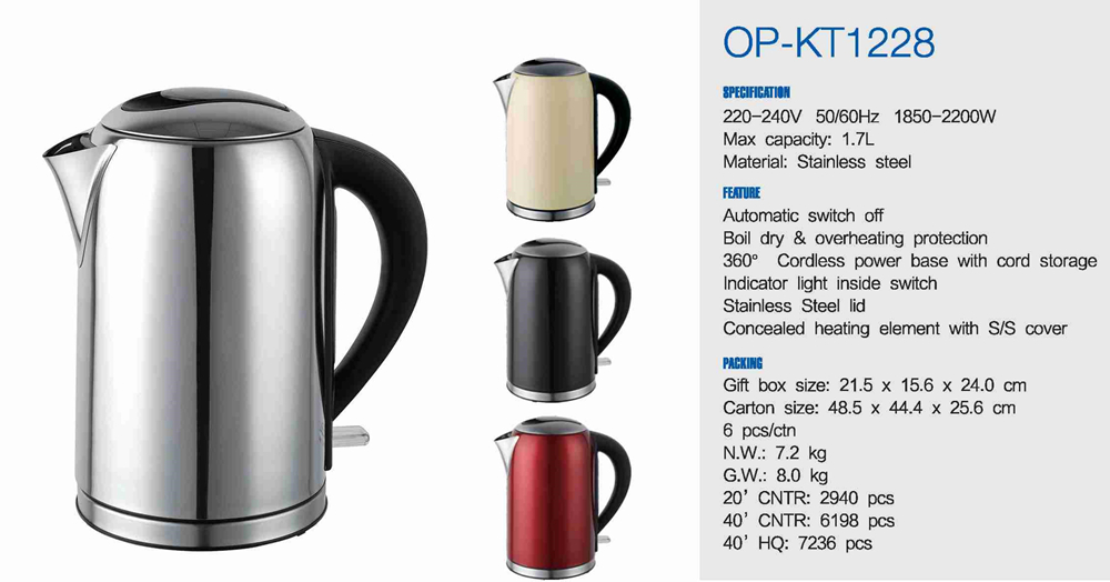 Electric Stainless Steel Kettle 1.6-2.0L Capacity 1500W Power 110V/220V-240V Voltage