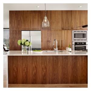 Quality Customized Solid Wood Kitchen Cabinets with Dark Clear Wood Grain Glossy Veneer Doors wholesale