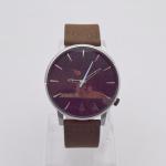 Genuine Leather Mens Stainless Steel Watch Engrave On Wood Dials Brown