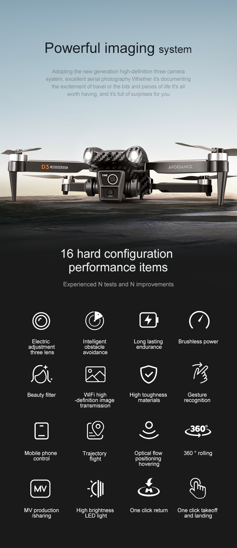 Beginner Operator Skill Level Portable RC Drone with Obstacle Avoidance and Triple Camera D3 Pro 4k Brushless Motor