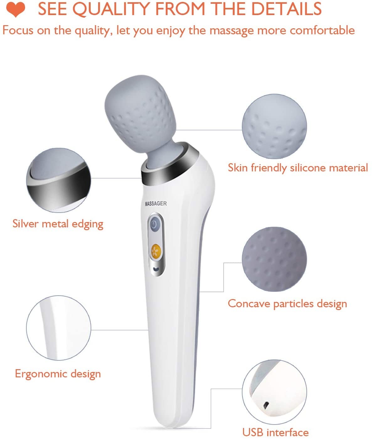 Wireless Hand Held Bodywand Mini Massager IP7 Vibrating 2200mAh