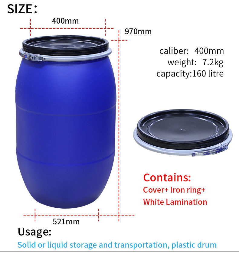 Liquid Transportation Chemical Blue HDPE Plastic Container Drum 160 Litre