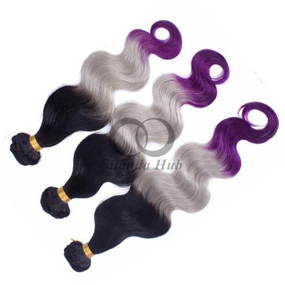 #T1B/Grey/Purple Body Wave Remy Human Hair Bundles Sew In Weave Bundles Brazilian Bundle Deals
