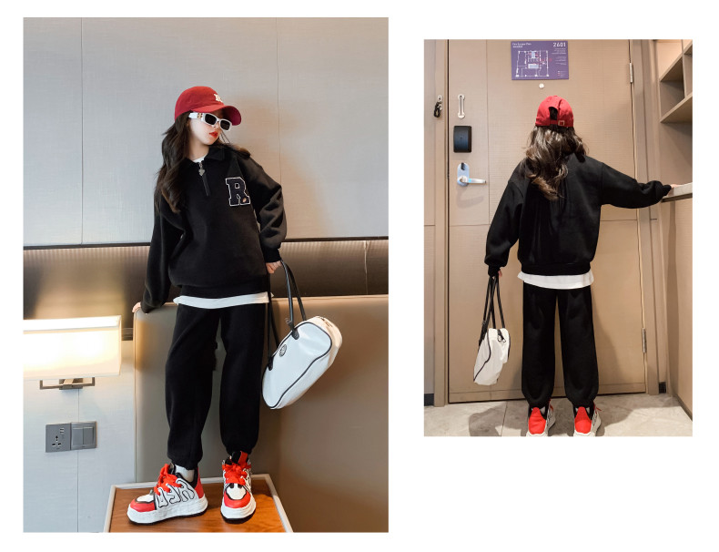 Children Half Zipper Sweatshirt Two Piece Suit Thickened Black 60% Cotton 40% Polyester