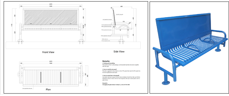 Waterproof SGS Certificate 1800mm Blue Metal Garden Bench