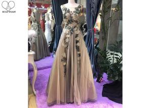 Quality Sleeveless Backless Ball Gown , Champagne Tulle Prom Dress Embroidery Flowers wholesale