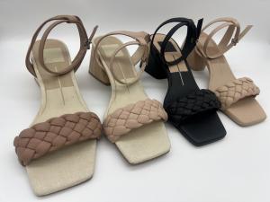 Quality Tan Woven Ladies Soft Leather Sandals Peep Toe With Metal Buckle wholesale