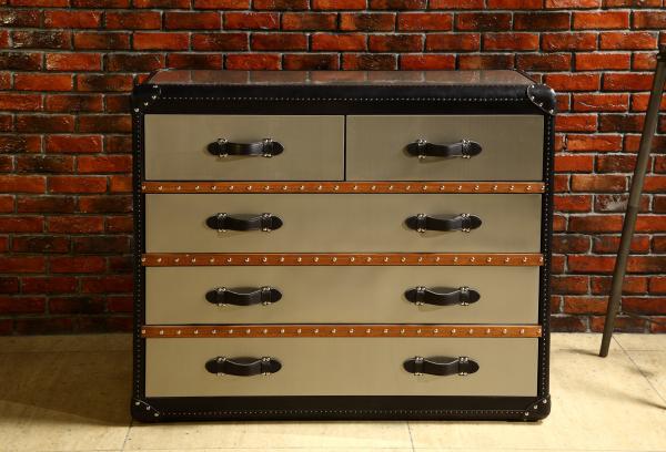 Mirror Steel Vintage Leather Steamer Trunk 5 Drawers Black Genuine Leather
