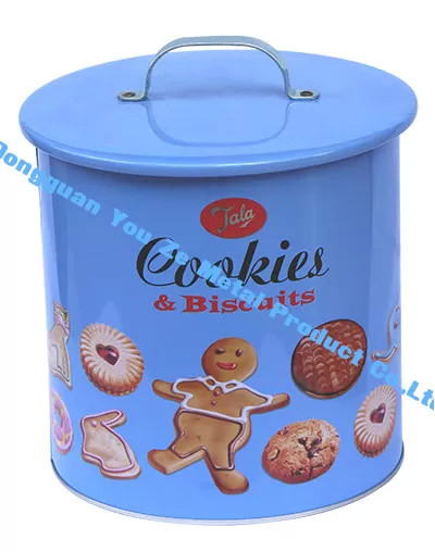 Jala Cookie Tins Biscuits Food Grade Tin Containers Blue Cookie Tin with Handle on Cap