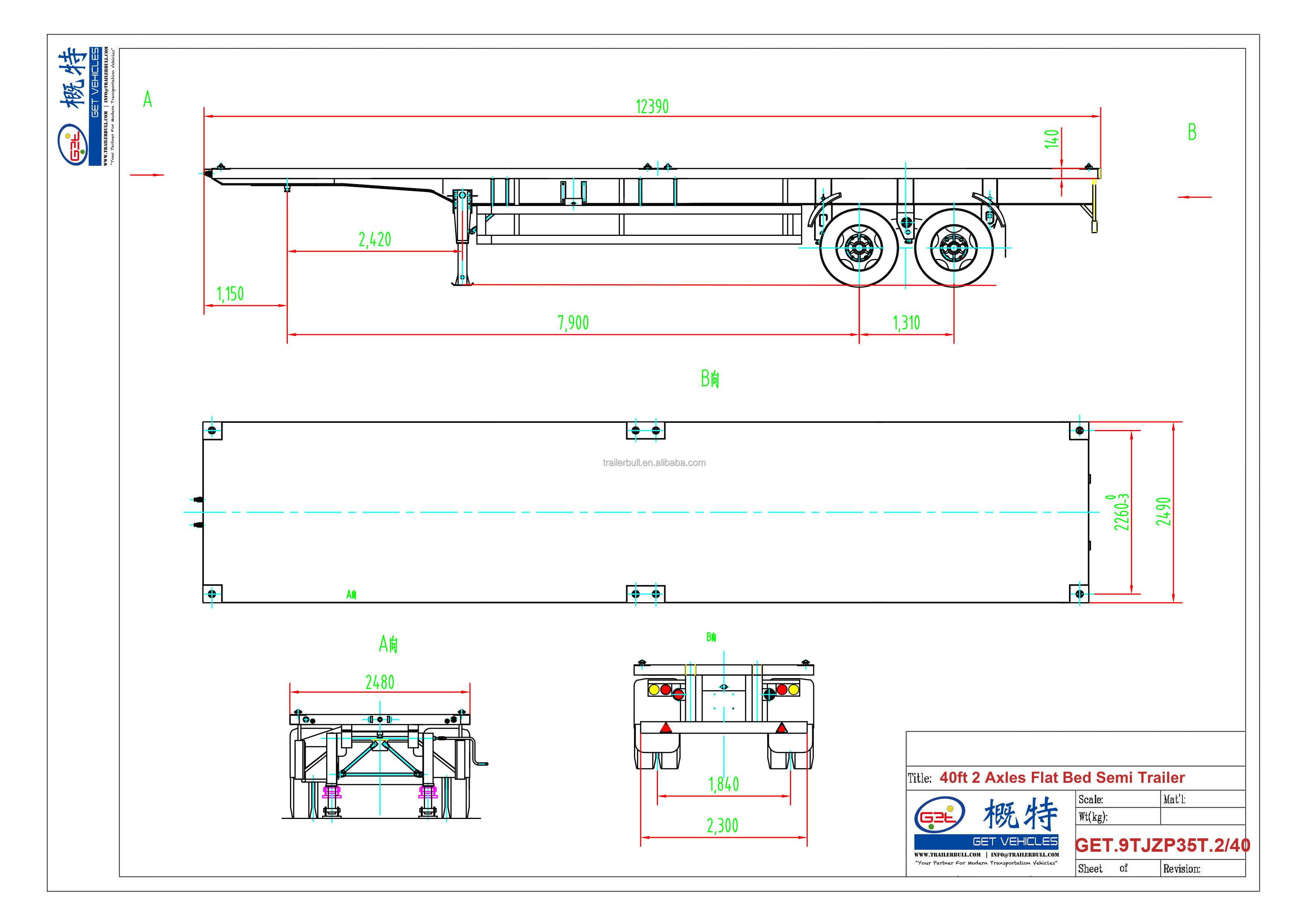 Cargo Transportation 40ft 2 Axles Versatile Flatbed Semi-Trailer Max Payload 000 kgs