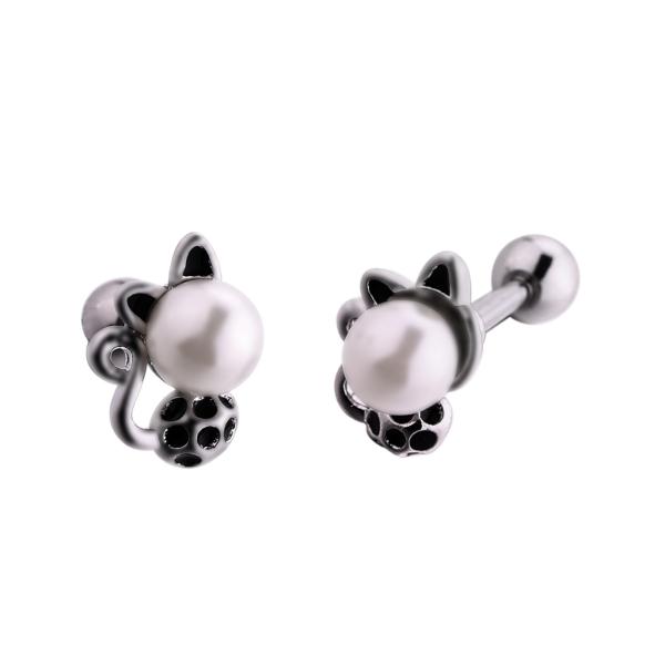 Unique cat shaped pearl stud earrings stainless steel piercing jewelry on hot